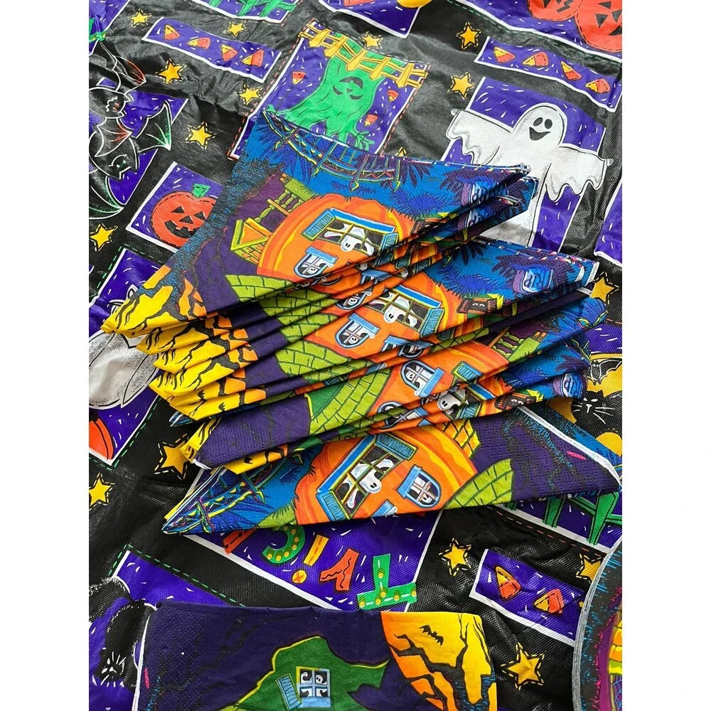 VTG Halloween Pumpkin Ghost Bat Spider Owl Tablecloth 17 Napkins 12 Plates Set